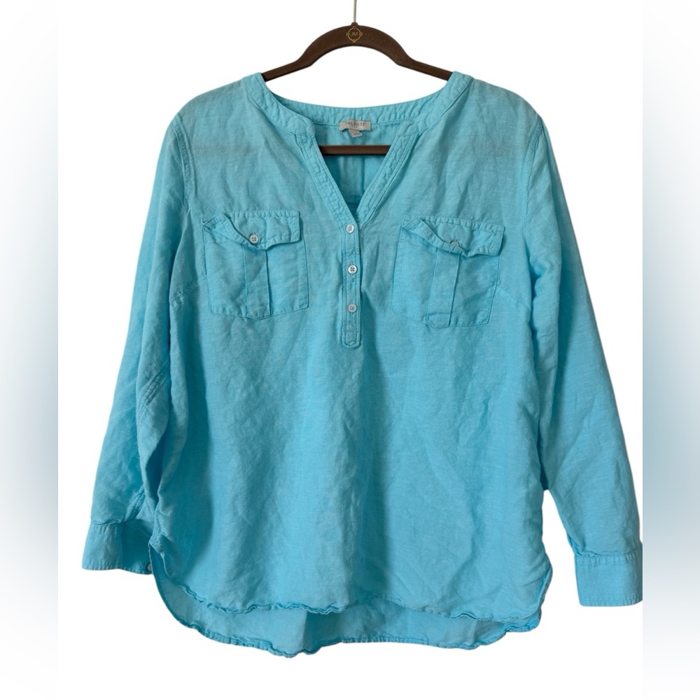 Talbots XL Turquoise Blue Linen Blend Roll Tab Long Sleeve Button Shirt Blouse